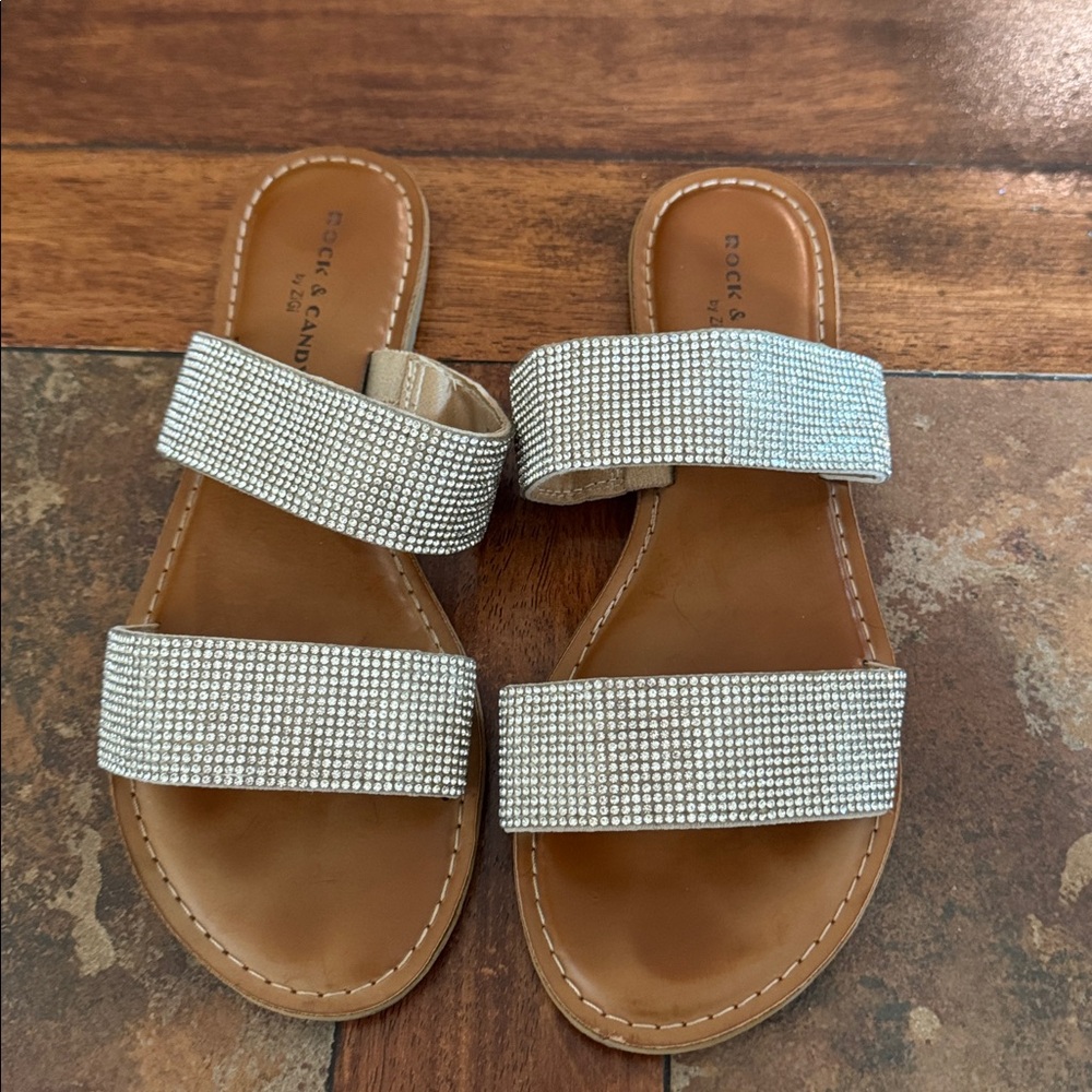 Preloved Rhinestone Rock and Candy Double Strap Slide Sandals.